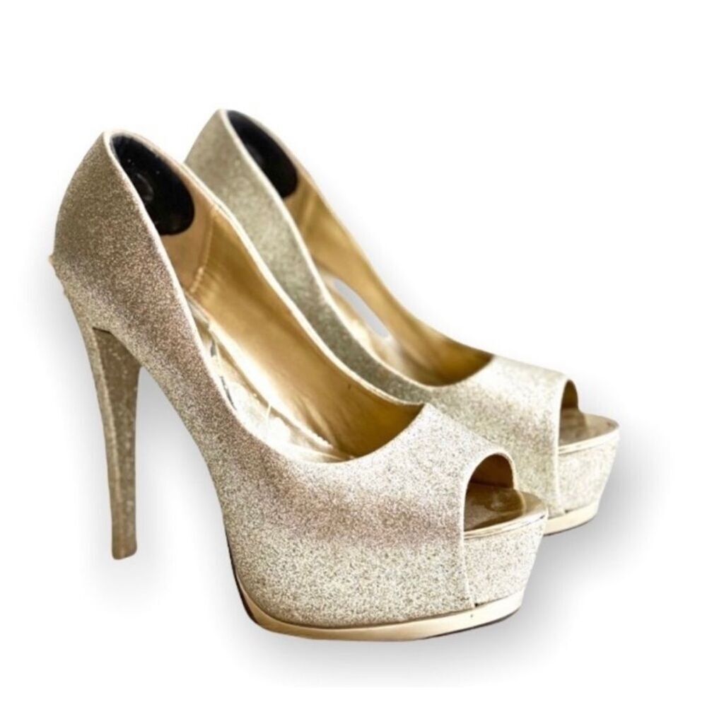 Womens Speed Limit 98 Gold Shimmer Glitter Open Toe Pumps Heels - Sz 8